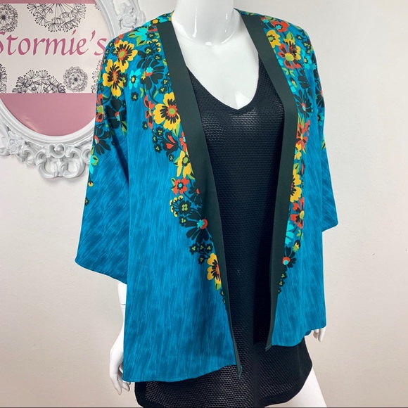 Vintage Bob Mackie / Turquoise Floral with Orange Yellow Black Flowers Kimono - Picture 2 of 8